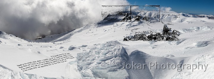 Mt_Townsend_Panorama1.jpg - Mt Townsend, 19 November 1862.  Eugene Von Guérard’s painting North-east View from the Northern Top of Mount Kosciusko (1863) actually depicts a view from the top of Mt Townsend.It’s a panoramic view from near the summit of Mt Townsend in the main range of the Snowy Mountains, looking northeast across Lake Albina and Watson’s Crags to Mt Twynam and Mt Jagungal in the distance. Shown in the central foreground are the members of German scientist Georg von Neumayer’s 1862 expedition team (including Hector the dog) which was undertaking a magnetic survey of the colony of Victoria. A storm, which later visited extreme and almost catastrophic conditions upon the party, can be seen approaching from the left background. Apart from the pile of boulders in the left foreground, which do not exist in the actual location, the scene is shown with a fair degree of topographical accuracy.In my image, Von Guérard’s sketches and words from Neumayer’s journal are written onto a winter photograph of the scene.